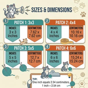 May include: An informational chart titled SIZES & DIMENSIONS featuring four numbered patches with measurements in inches and centimetres. Patch 1 is 3x3 inches, Patch 2 is 4x4 inches, Patch 3 is 5x5 inches, and Patch 4 is 6x6 inches. Includes cat illustrations.
