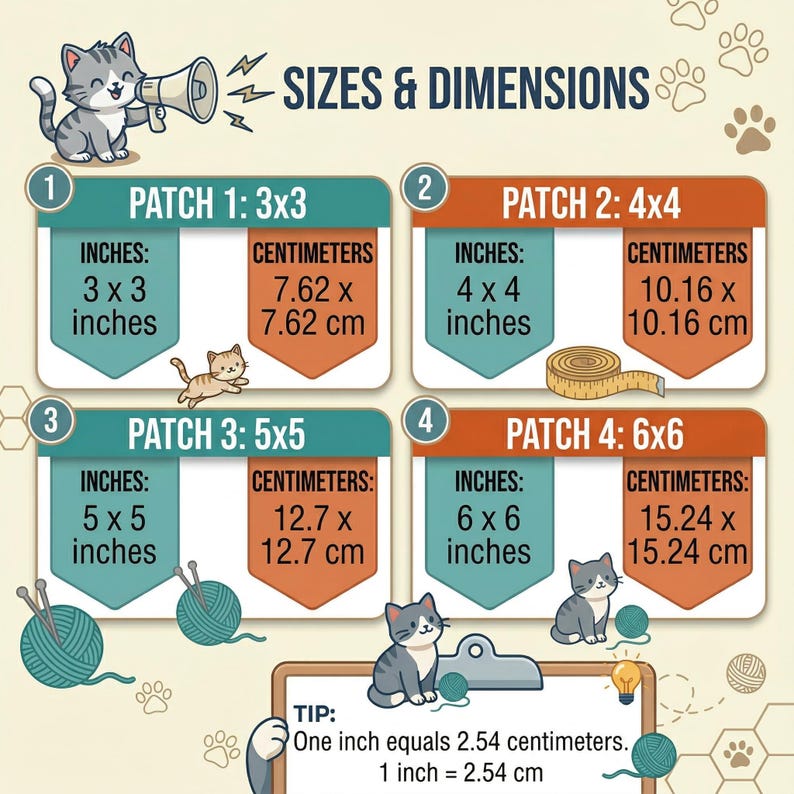 May include: An informational chart titled SIZES & DIMENSIONS featuring four numbered patches with measurements in inches and centimetres. Patch 1 is 3x3 inches, Patch 2 is 4x4 inches, Patch 3 is 5x5 inches, and Patch 4 is 6x6 inches. Includes cat illustrations.