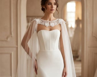 Bridal Cape, Wedding Cape, Sheer Bridal Cape, Wedding Shoulder Cover, Cathedral Length  Cape, Bridal Accessory, Long Cape, Wedding Shawl