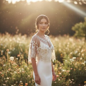 May include: A woman wearing a white wedding dress with a sheer, embellished cape. The cape features intricate beadwork and fringe. The dress is a simple, elegant design. The background is a field of wildflowers bathed in sunlight.