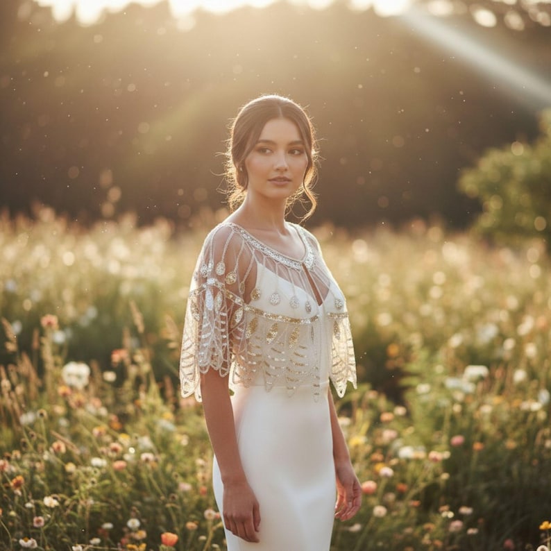 May include: A woman wearing a white wedding dress with a sheer, embellished cape. The cape features intricate beadwork and fringe. The dress is a simple, elegant design. The background is a field of wildflowers bathed in sunlight.