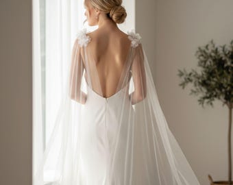 Long Bridal Cape with Floral Appliqués, Tulle Wedding Cape, Open Back Wedding Dress Cape, Bridal Accessory, Cathedral Cape, Bridal Overlay