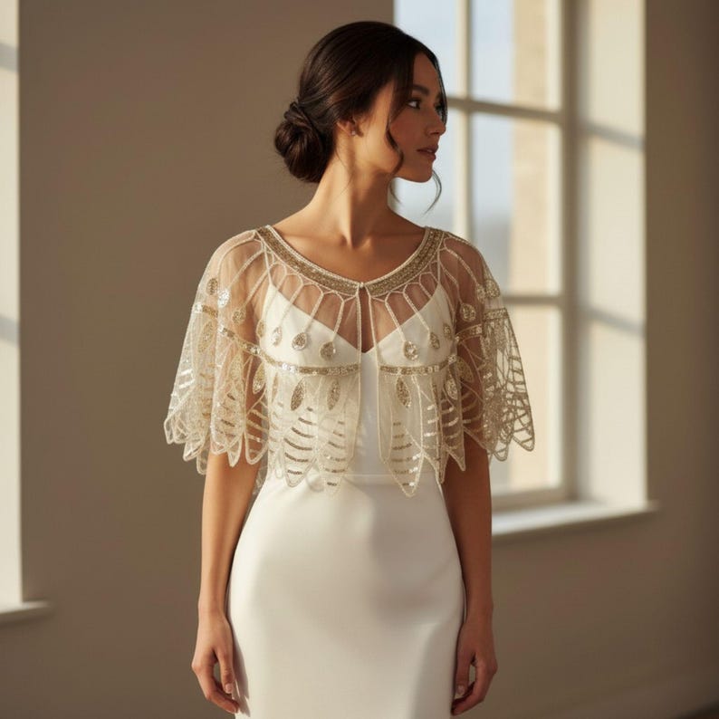 May include: A sheer, ivory-colored capelet with intricate gold beading and embellishments. The capelet features a delicate, open design with a scalloped edge, perfect for bridal or formal wear. The capelet is worn over a white dress.