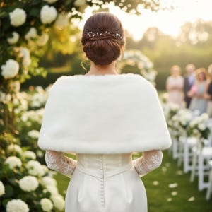 May include: A bride in a white wedding dress and faux fur shawl, viewed from the back. The dress has a button-up back and lace sleeves. The bride's hair is styled in a bun with a hair accessory. The background includes white flowers and guests.