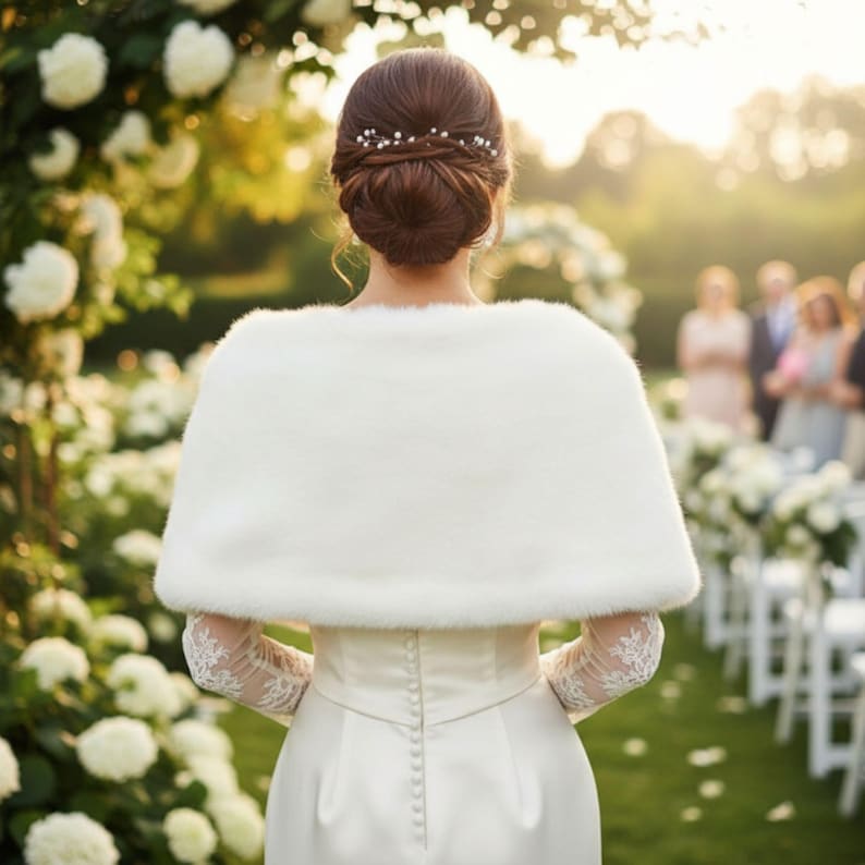 May include: A bride in a white wedding dress and faux fur shawl, viewed from the back. The dress has a button-up back and lace sleeves. The bride's hair is styled in a bun with a hair accessory. The background includes white flowers and guests.