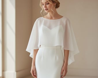 Chiffon Bridal Cape, Short Wedding Shawl, Elegant Bridal Accessory, Bridal Wrap, Wedding Cover-Up, Lightweight Bridal Cover
