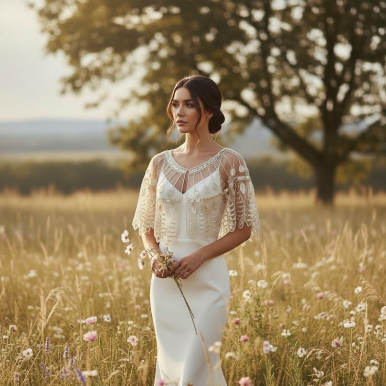 May include: A woman in a white wedding dress and a sheer, embroidered cape stands in a field of wildflowers. The dress is a simple, elegant design. The cape features intricate detailing around the neckline and shoulders. The background includes a large tree and a soft, natural light.
