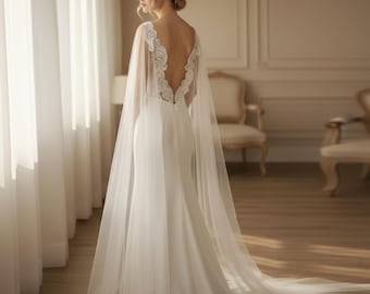 Open Back Bridal Cape Veil, Long Tulle Wedding Cape, Elegant Bridal Cover Up, Bridal Accessory, Cathedral Cape, Bridal Overlay