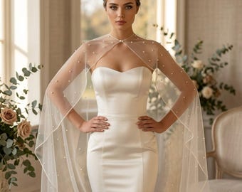 Wedding Cape, Bridal Accessory, Pearl Bridal Cape, Long Cape, Cathedral Cape