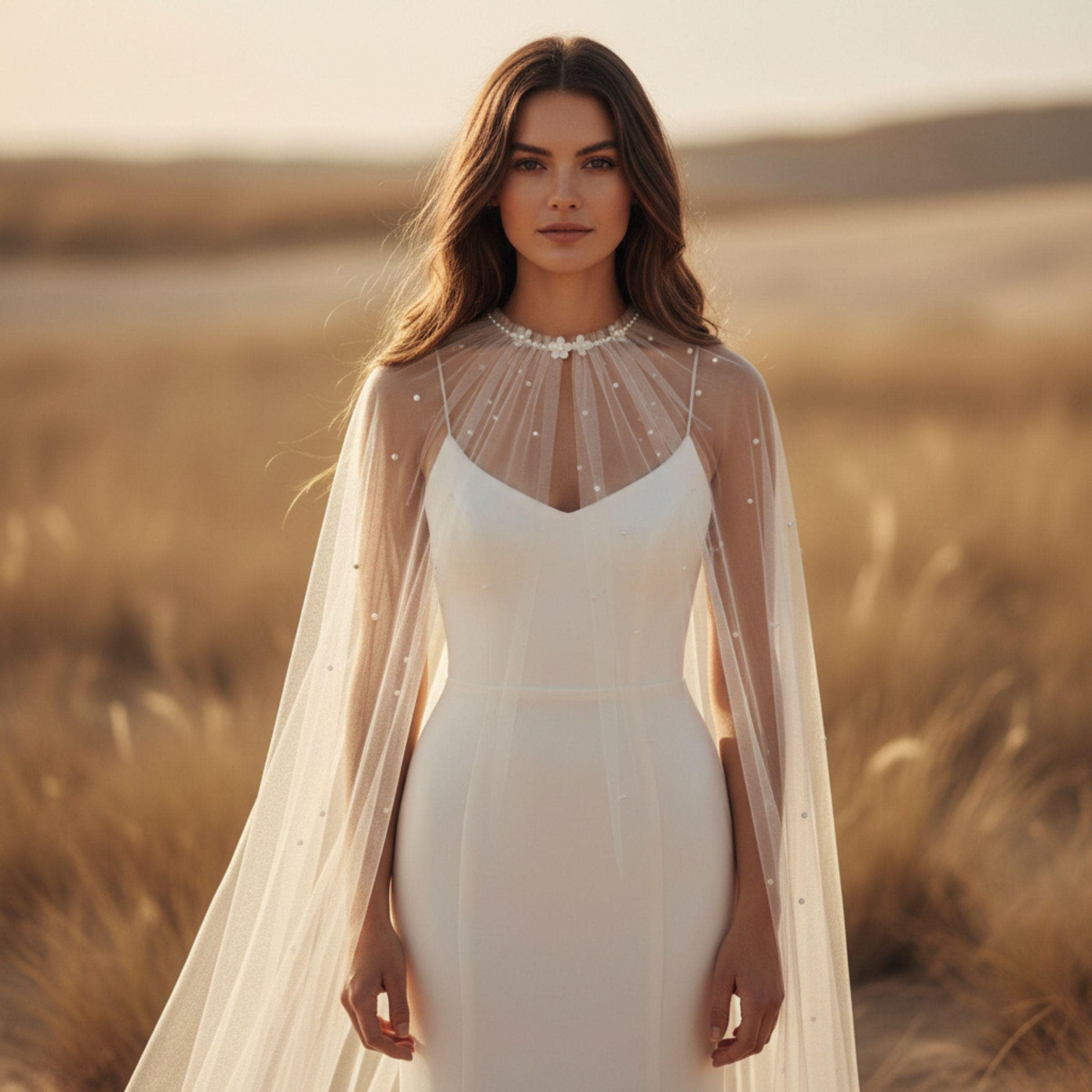 Pearl Wedding Cape, Long Bridal Cape, Sheer Tulle Wedding Cape, Cathedral Bridal Cape, Bridal Overlay, Wedding Cover Up, Boho Bridal Cape
