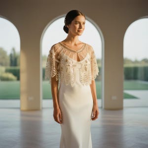 May include: A woman wearing a cream-colored wedding dress with a decorative, sheer capelet. The capelet is embellished with gold sequins and beads. The dress is floor-length and has a simple, elegant design. The background features arched windows and a view of greenery.