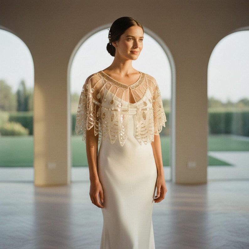 May include: A woman wearing a cream-colored wedding dress with a decorative, sheer capelet. The capelet is embellished with gold sequins and beads. The dress is floor-length and has a simple, elegant design. The background features arched windows and a view of greenery.