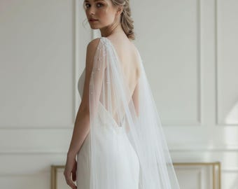 Long Bridal Cape Veil, Sheer Tulle Wedding Cape, Open Back Bridal Cape, Pearl Wedding Veil Cape, Elegant Bridal Cover Up