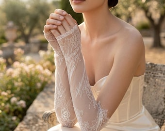 Long Lace Fingerless Bridal Gloves, Wedding Sleeves, Lace Bridal Gloves, Bridal Gloves, Wedding Accessories, Bridal Accessories