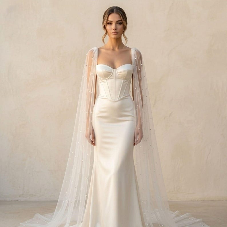 Peut inclure: Une robe de mari&eacute;e en satin blanc avec un d&eacute;collet&eacute; en c&oelig;ur et un corsage ajust&eacute;. La robe pr&eacute;sente une longue jupe fluide et est associ&eacute;e &agrave; une cape transparente orn&eacute;e de petites perles &eacute;parpill&eacute;es. La mari&eacute;e se tient devant un fond neutre.