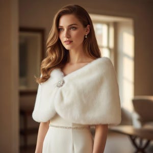 May include: A white faux fur shawl with a decorative brooch clasp. The shawl is draped over a white dress, creating an elegant and sophisticated look. The brooch is round and features a cluster of sparkling crystals.