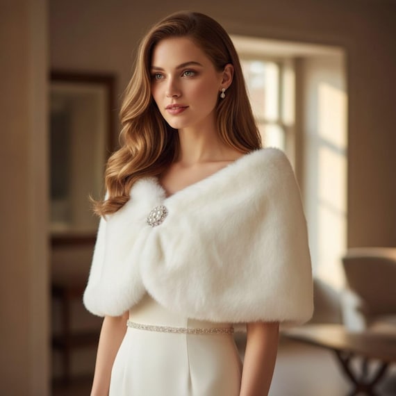 Elegant White Faux Fur Bridal Shawl, Winter Wedding Wrap, Cape for Bride, Bridal Accessory