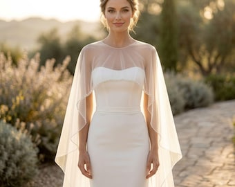 Long Sheer Bridal Cape Veil, Wedding Cape for Bride, Sheer Wedding Capelet, Wedding Shawl, Floor Length Tulle Cape, Bride Accessory