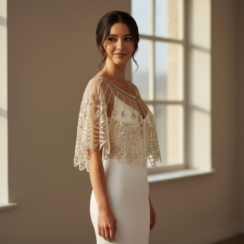 May include: A sheer, cream-colored capelet with intricate gold sequin and bead embellishments. The capelet is draped over a white dress, creating an elegant, formal look. The design features a delicate, open weave pattern.