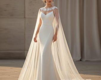 Bridal Cape, Wedding Cape, Sheer Bridal Cape, Wedding Shoulder Cover, Cathedral Length  Cape, Bridal Accessory, Long Cape, Wedding Shawl