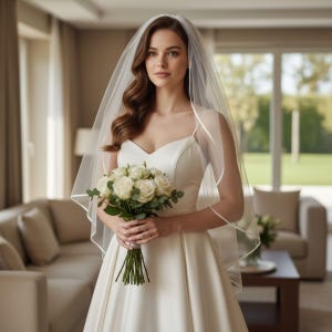 Puede incluir: Una novia con un vestido de novia de satén blanco con escote corazón y tirantes finos. Lleva un velo transparente y sostiene un ramo de rosas blancas y vegetación. El fondo muestra un salón con un sofá y grandes ventanales.
