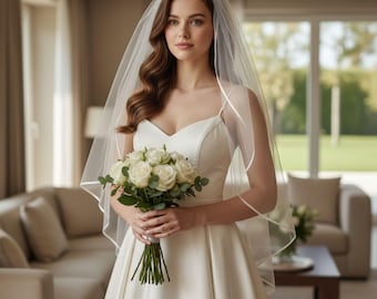 May include: A bride in a white satin wedding dress with a sweetheart neckline and spaghetti straps. She wears a sheer veil and holds a bouquet of white roses and greenery. The background shows a living room with a sofa and large windows.