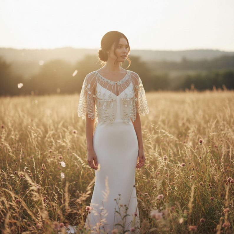 May include: A white wedding dress with a beaded capelet. The dress is a simple, elegant design with a fitted bodice and a flowing skirt. The capelet is adorned with intricate beadwork. The image is set in a field of tall grass, with the sun setting in the background.