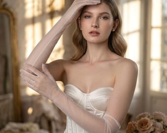 Long Sheer Bridal Gloves, Wedding Gloves, Tulle Gloves for Bride, Elegant Bridal Accessories, Transparent Bridal Gloves, Opera Bridal Gloves
