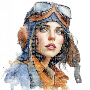 May include: A watercolour portrait of a woman in a vintage aviator helmet with goggles. The artwork uses a blue and brown palette, with the woman's face showing rosy cheeks and red lips. The image has a soft, artistic style.