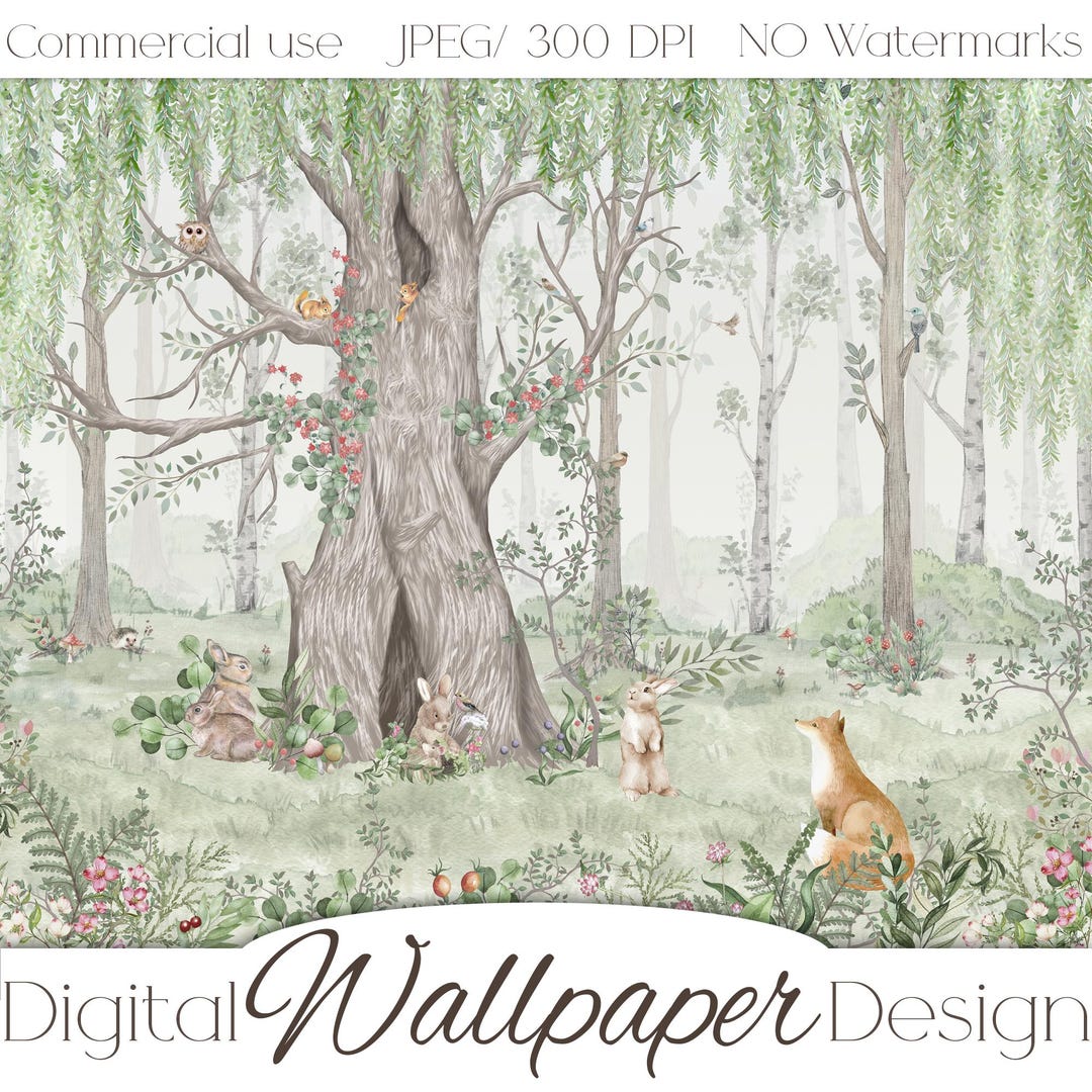 Woodland Forest Animals Wallpaper Mural | Soft Green Nursery Wall Art ...