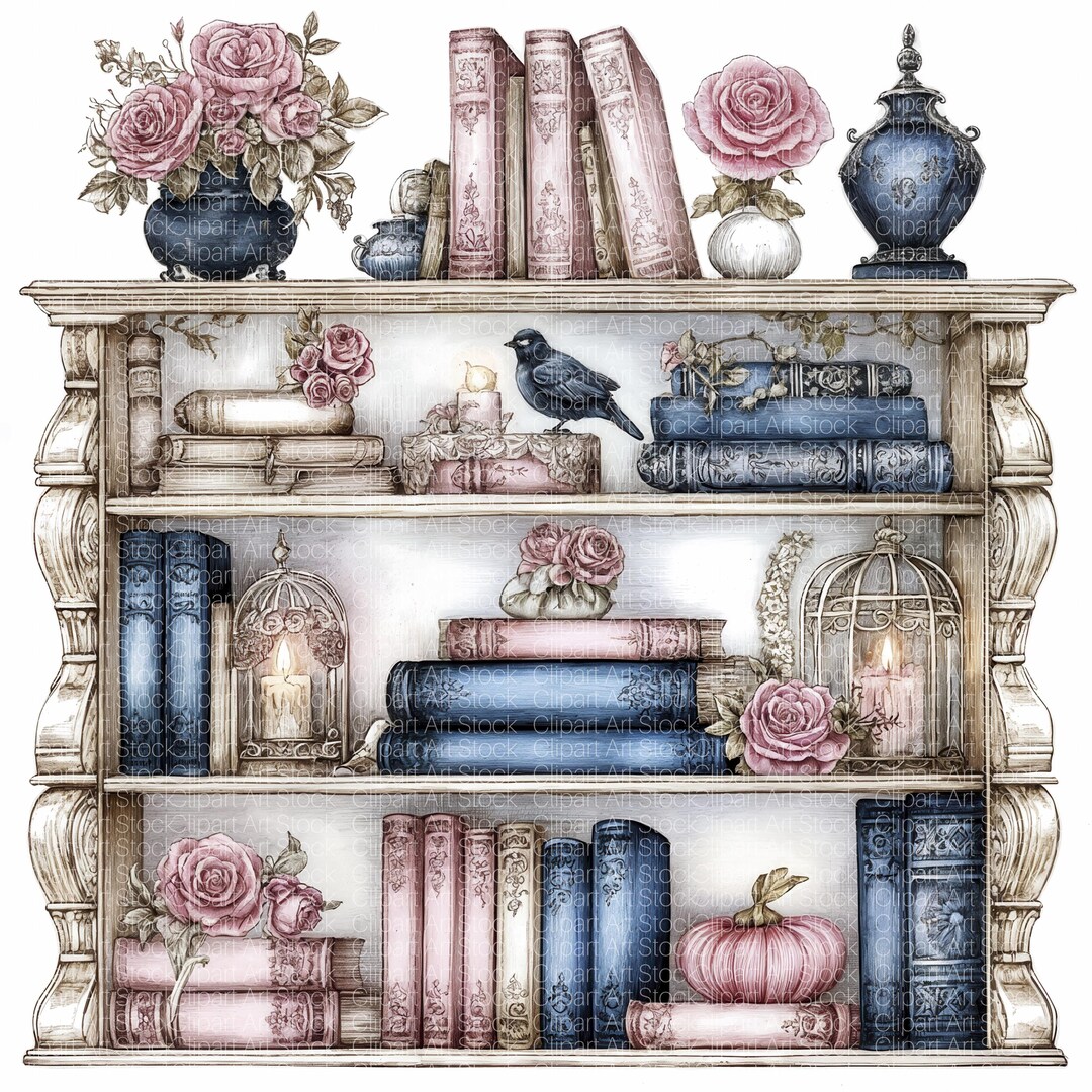 16 Vintage Bookshelf Clipart | Cottagecore Library, Printable ...
