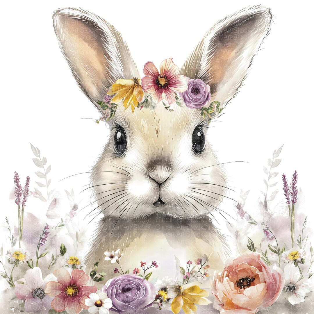 12 Watercolor Bunny Clipart | Floral Rabbit Portrait, Spring Easter ...