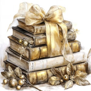 Peut inclure: Une pile de livres anciens attachés avec un grand ruban doré. Les livres ont des dos et des pages dorés, avec des accents décoratifs dorés. L'image a une esthétique vintage et élégante, avec des ornements dorés.