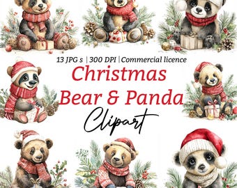 May include: Watercolor clipart featuring bears and pandas dressed for Christmas. Each animal wears a Santa hat and a red scarf, holding gifts and surrounded by festive greenery. The text reads "Christmas Bear & Panda Clipart".