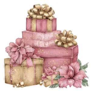 May include: Watercolor illustration of stacked gift boxes in shades of pink and gold. The boxes are adorned with large bows and gold accents. A large pink flower and gold orbs complete the festive design.