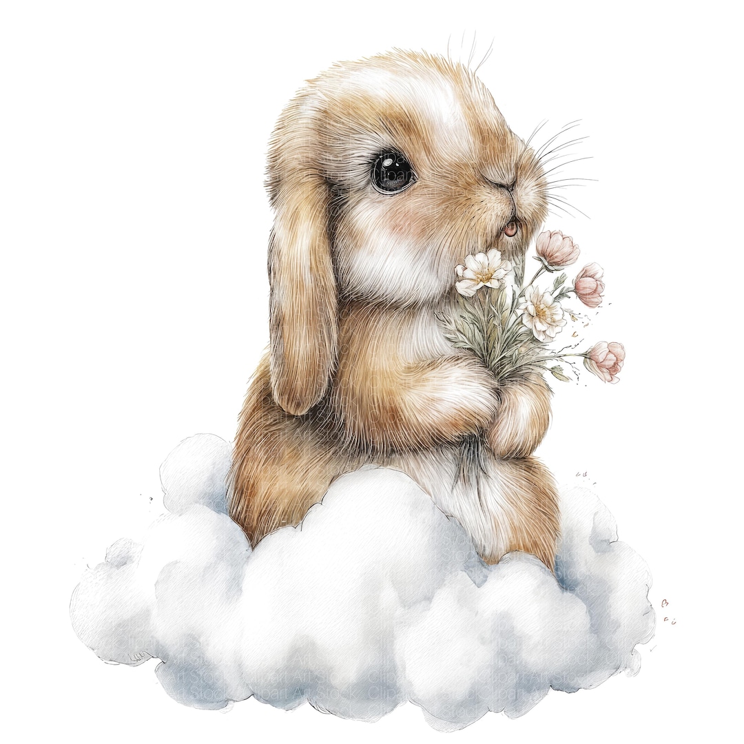 14 Baby Bunny on Clouds Clipart | Watercolor Rabbit, Printable ...