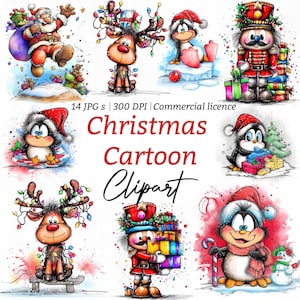 Puede incluir: Una colección de imágenes prediseñadas de dibujos animados navideños con Papá Noel, renos, pingüinos y un cascanueces. Las ilustraciones son coloridas y caprichosas, con detalles festivos como luces navideñas, regalos y nieve. El texto dice "Christmas Cartoon Clipart".