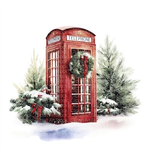 May include: A red telephone booth with the word "TELEPHONE" on top, decorated with a Christmas wreath and surrounded by snow-covered pine trees. A festive holiday scene.