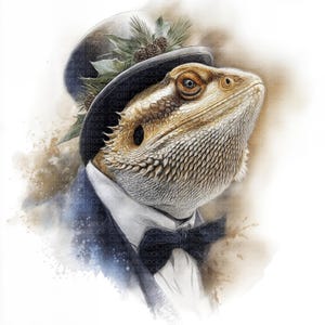 May include: A digital illustration of a bearded dragon wearing a black top hat adorned with pine needles and pine cones. The reptile is dressed in a navy blue suit with a white shirt and a black bow tie. The artwork has a watercolor effect.
