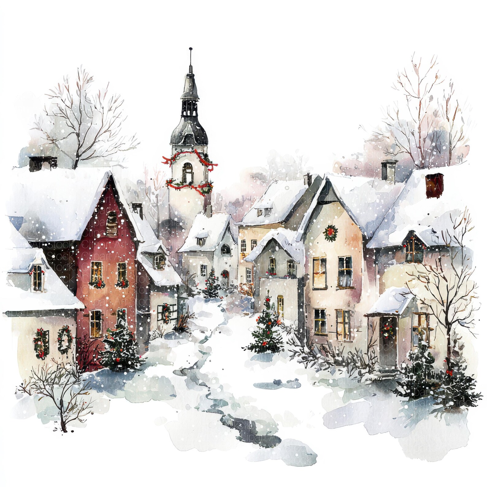 Winter Village Clipart Set | Snowy European Town Watercolor Houses JPG ...