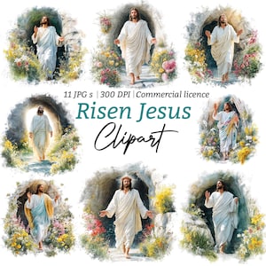 11 uppståndna Jesus Clipart | Påskuppståndelsen, religiös utskrivbar illustration JPG, digital nedladdning, papperspyssel, skräpjournal, scrapbooking