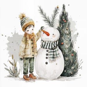 12 imágenes prediseñadas de acuarela para niños y muñecos de nieve (JPG) / Ilustraciones infantiles de invierno para tarjetas, pegatinas, diarios basura, manualidades de papel y manualidades navideñas.