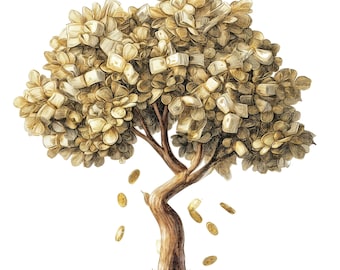 May include: An illustration of a tree with a brown trunk and branches, its leaves replaced by folded paper money. Gold coins fall from the tree, and more coins are at the base, symbolizing wealth and financial growth.