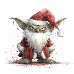 Könnte beinhalten: Aquarellillustration einer grünen, außerirdischen Kreatur in einem Weihnachtsmann-Outfit. Die Kreatur hat einen wütenden Gesichtsausdruck, einen langen weißen Bart und trägt einen roten Weihnachtsmannhut und -mantel mit weißer Verzierung. Rote Farbspritzer umgeben die Kreatur.