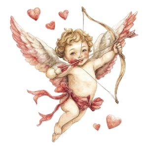 Puede incluir: Ilustración en acuarela de Cupido, una figura querubínica con cabello rubio rizado, alas y un arco y flecha rojos. Lleva una faja roja y está rodeado de corazones rojos flotantes, sobre un fondo blanco.