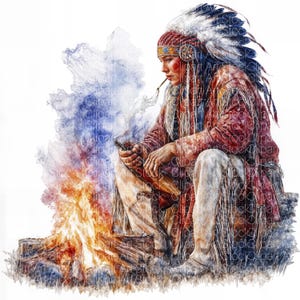 May include: A watercolour painting depicts a Native American person in traditional dress, seated by a fire. The person wears a feathered headdress and red clothing, holding a pipe. The artwork uses a soft, painterly style with warm colours.