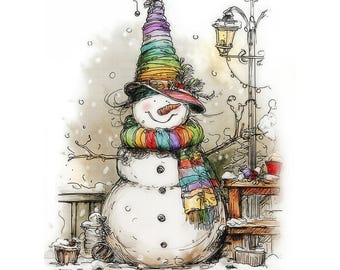 10 Cute Snowman Clipart Set JPG | Winter Snowman Illustrations with Colorful Hat & Scarves Cards, Stickers, Scrapbooking, Sublimation Crafts
