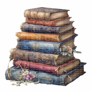 Peut inclure: Une pile de livres anciens aux couvertures usées de différentes couleurs, dont le marron, le bleu et le rouge. Certains livres présentent des décorations florales et des dorures. L'image a un style artistique vintage.