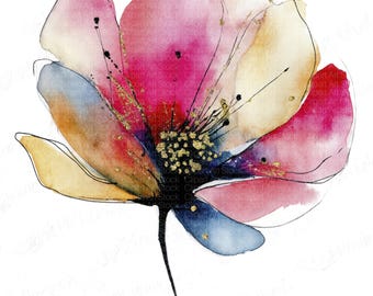 May include: Watercolor painting of a stylized flower with pink, yellow, and blue petals. The flower has a black stem and delicate black lines outlining the petals. Gold accents are scattered throughout the flower, adding a touch of sparkle. The artwork is on a white background.