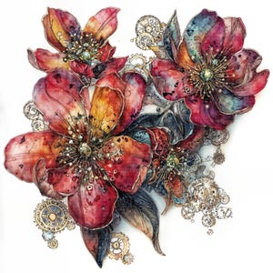 May include: Watercolor illustration of vibrant red, orange, and yellow flowers with intricate details. The floral arrangement features steampunk-inspired gears and metallic accents, creating a unique and artistic design. The artwork is set against a white background.